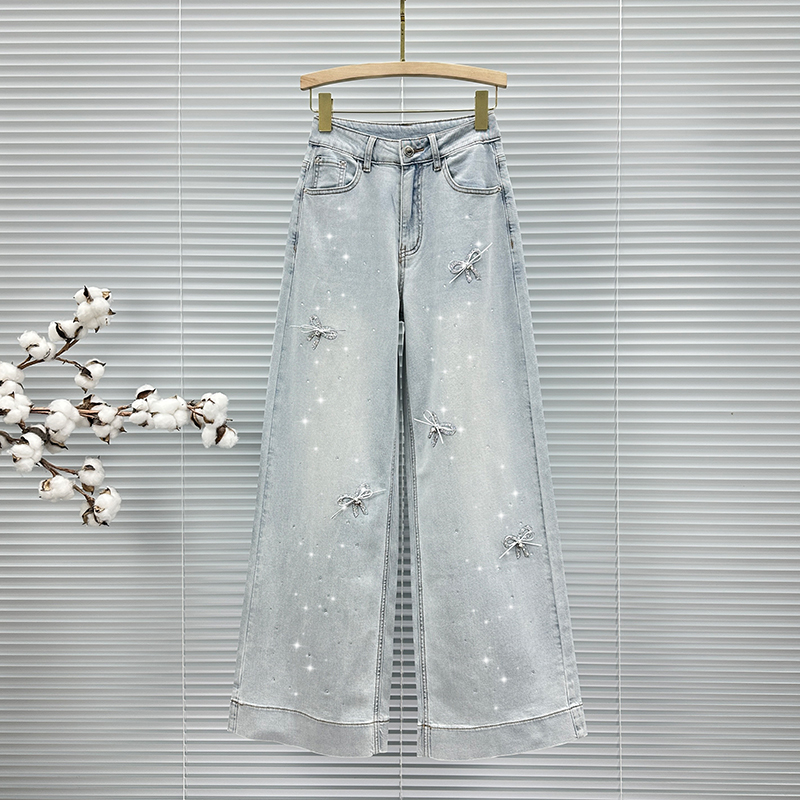 ins蝴蝶结烫钻装饰牛仔裤阔腿裤