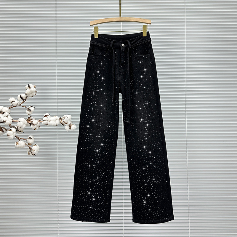 ins重工烫钻牛仔裤女拖地长裤2025年春季新款高腰宽松百搭阔腿裤,女装/女士精品,牛仔裤,淘宝优惠券,粉丝福利购,淘宝优惠卷