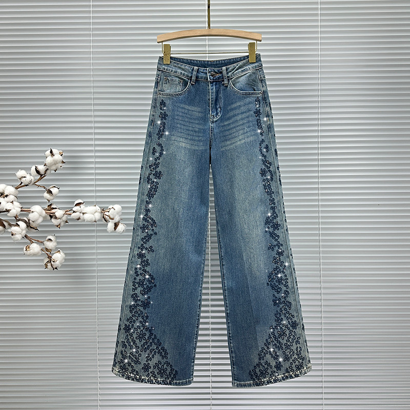 ins时尚刺绣烫钻牛仔裤女潮2025年秋季新款高腰宽松百搭阔腿长裤,女装/女士精品,牛仔裤,淘宝优惠券,粉丝福利购,淘宝优惠卷