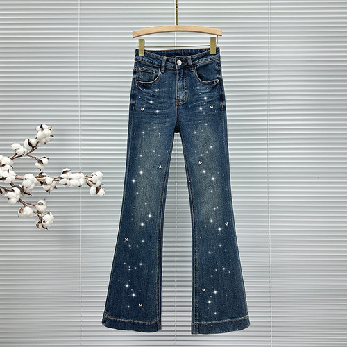 ins烫钻喇叭牛仔裤女修身微喇裤