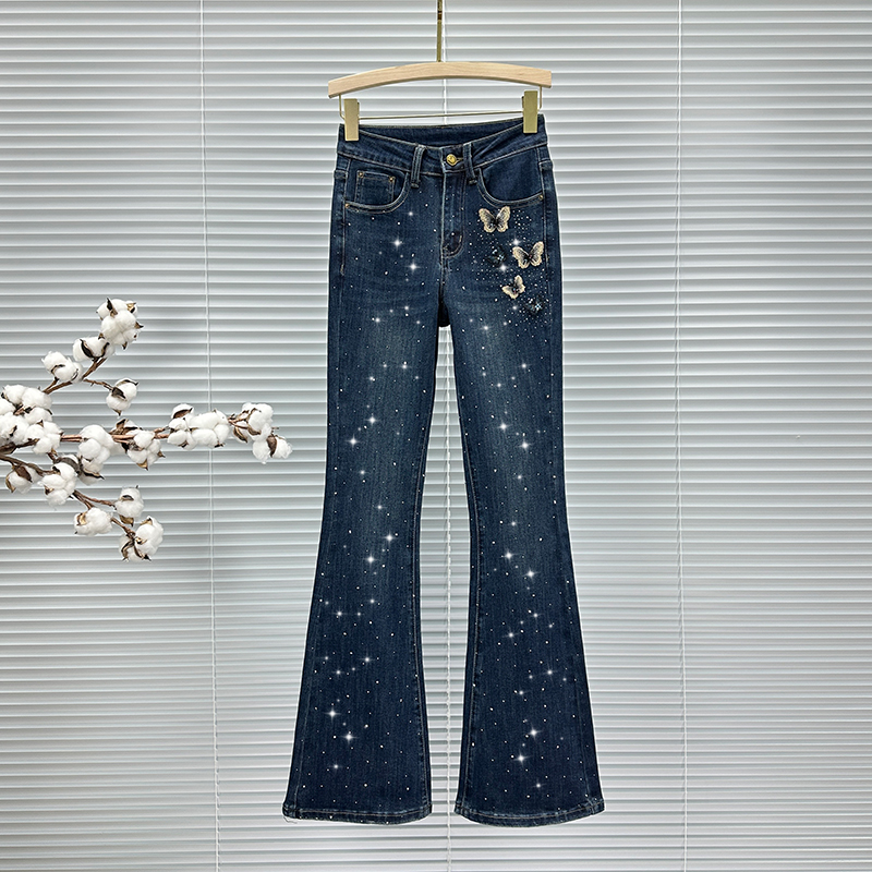 微喇长裤常规棉弹牛仔2024秋蝴蝶