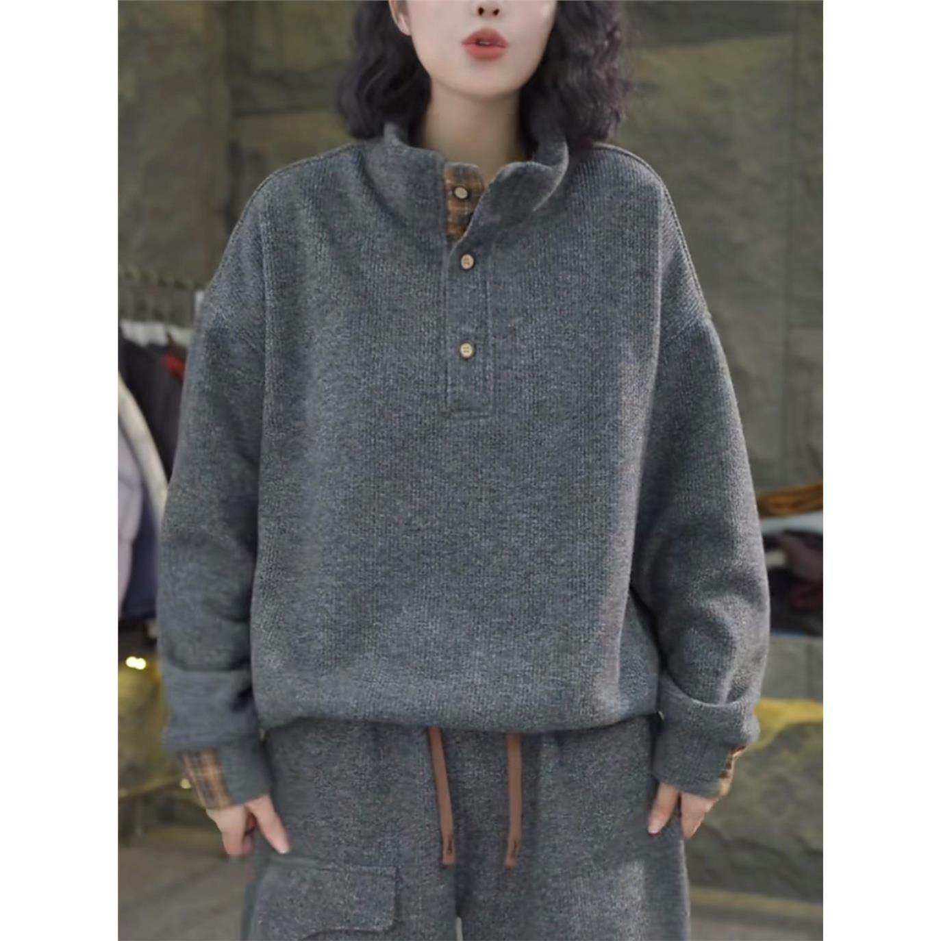 纯色加厚奥粒绒拼接格子立领卫衣女2025秋冬新款宽松百搭抽绳上衣