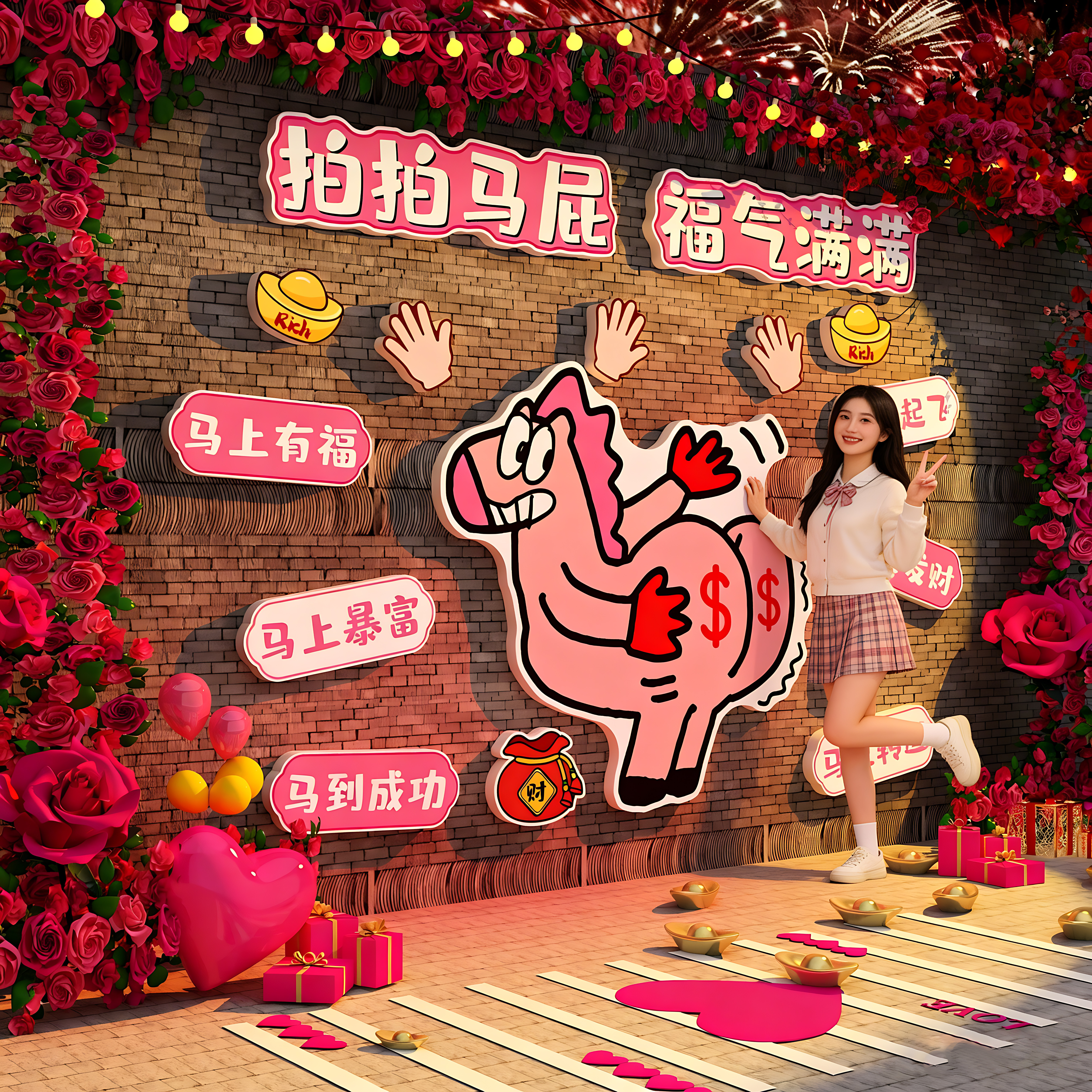 拍马屁打卡墙2026新年氛围布置装饰品快乐贴纸过春节网红小院造景,家居饰品,文化墙贴,淘宝优惠券,粉丝福利购,淘宝优惠卷