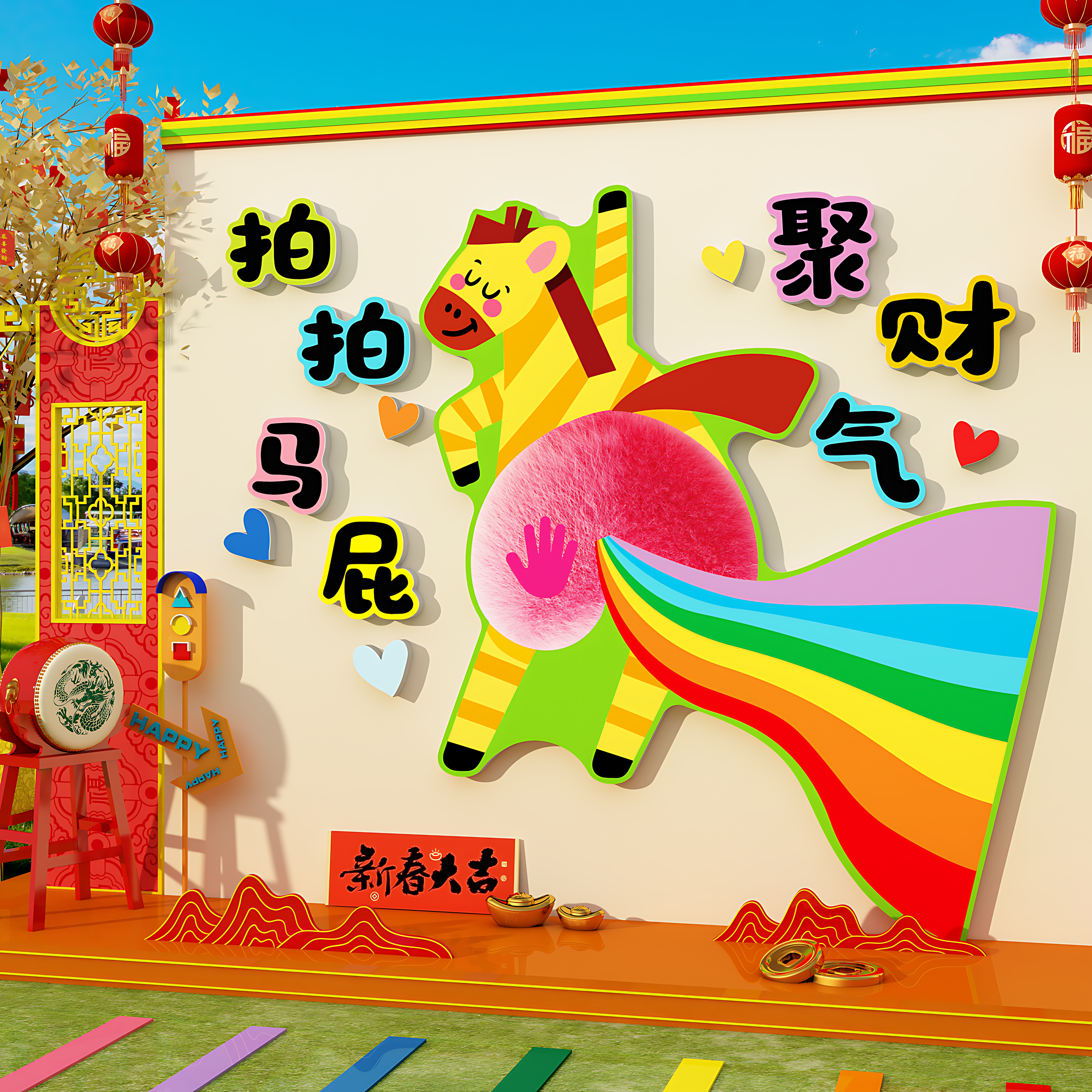 新年装饰2026马年快乐贴春节网红打卡背景墙面氛围布置拍马屁造景,家居饰品,软装墙贴,淘宝优惠券,粉丝福利购,淘宝优惠卷