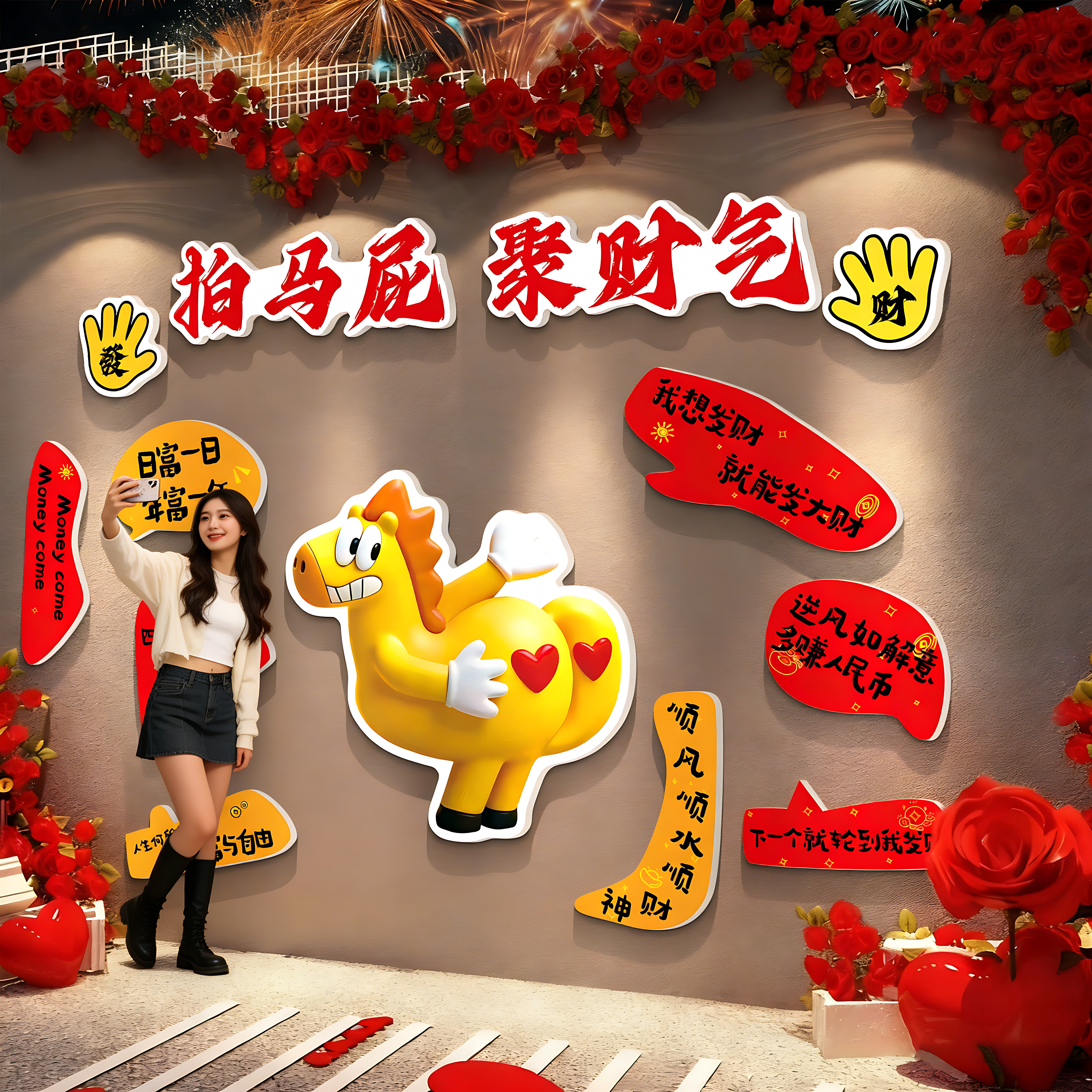 2026过新年装饰拍马屁网红打卡墙拍照区布置春节造景小院快乐贴纸,家居饰品,文化墙贴,淘宝优惠券,粉丝福利购,淘宝优惠卷