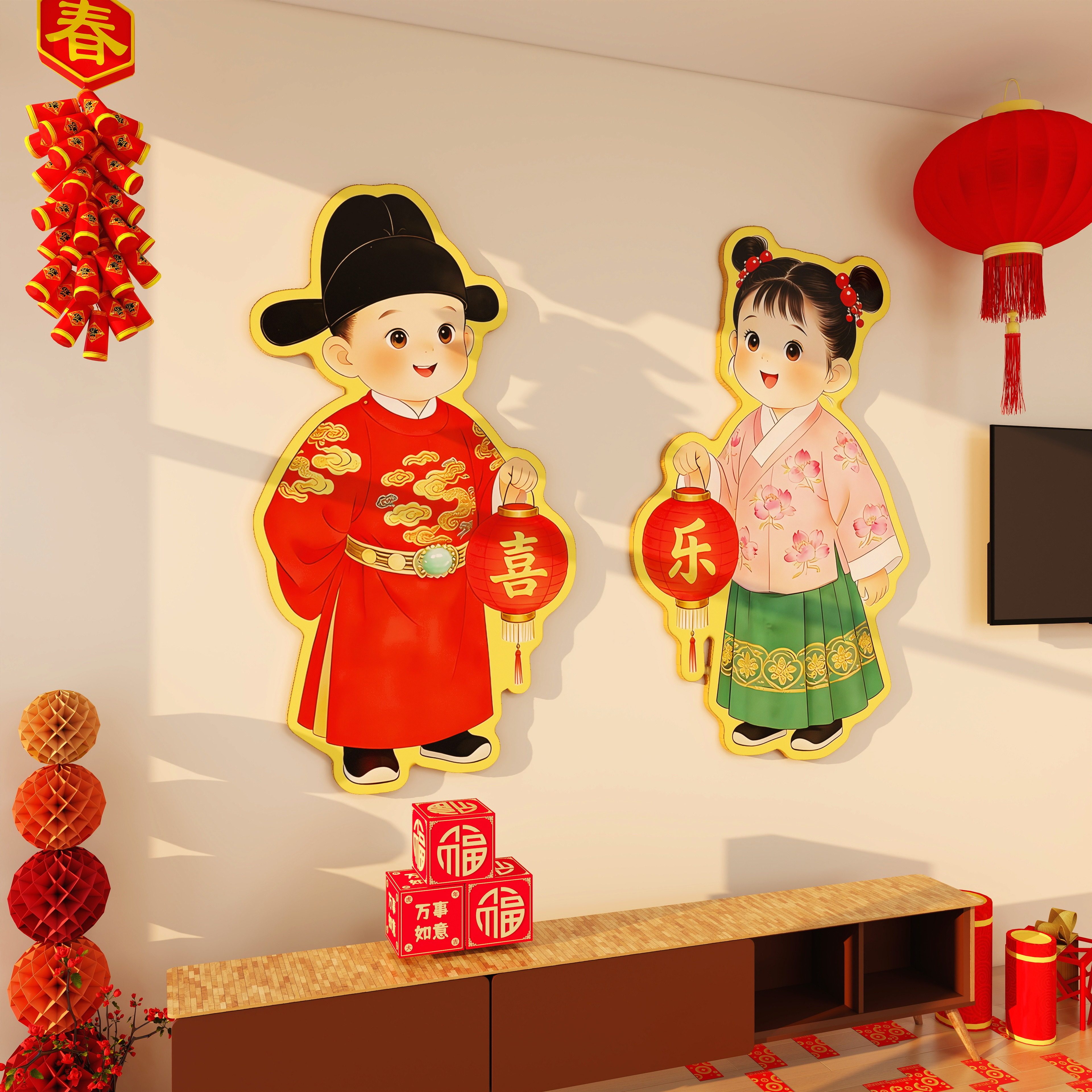 2026新款汉服年画娃娃金童玉女门贴新年氛围布置装饰客厅电视背景,家居饰品,文化墙贴,淘宝优惠券,粉丝福利购,淘宝优惠卷