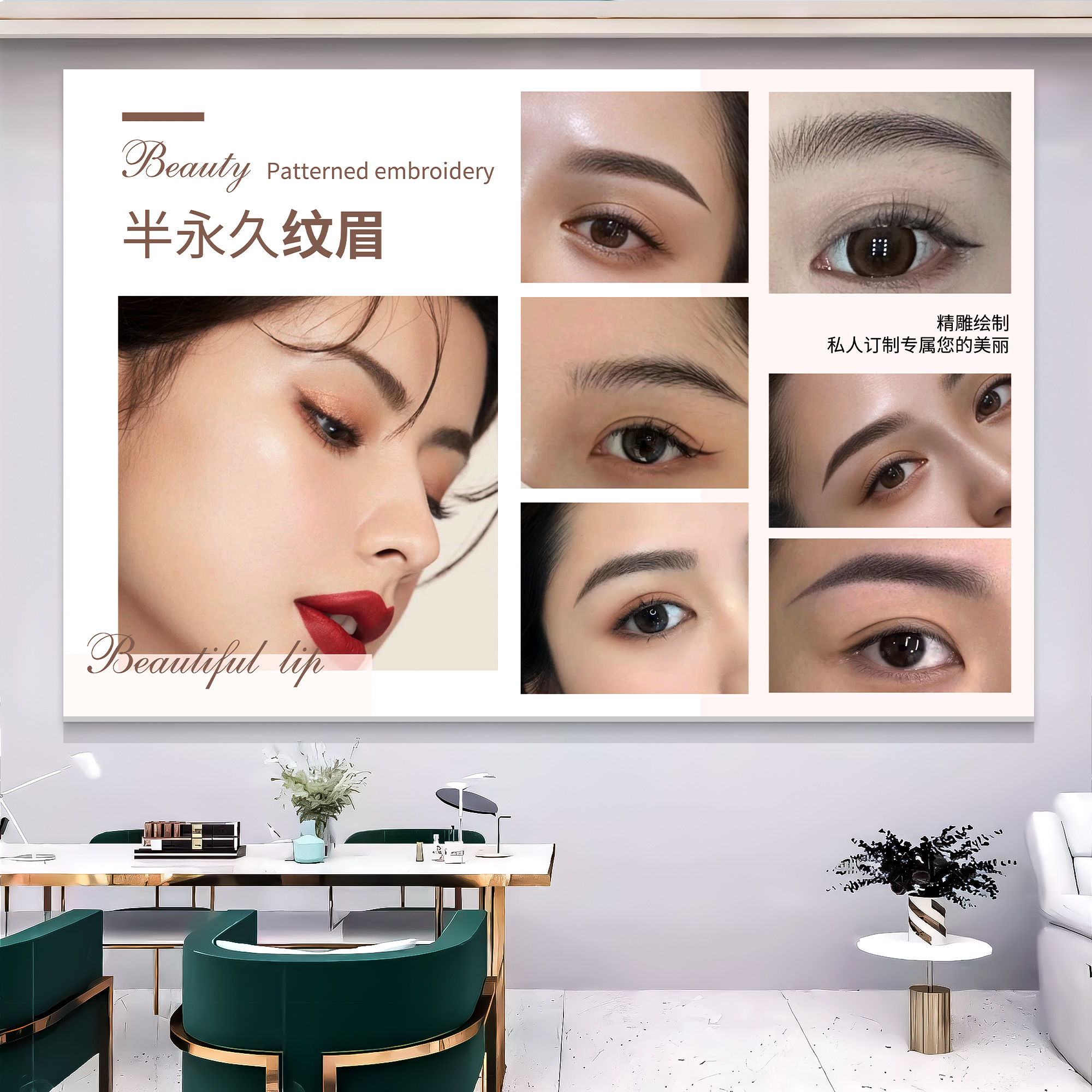 眉眼唇海报宣传图美甲美睫广告贴纸美容院半永久纹绣背景墙装饰画
