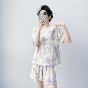 棉绸套装女士夏季薄款短袖短裤家居服外穿时尚大码宽松人造棉睡衣