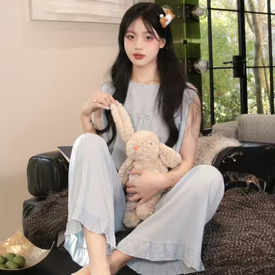 夏季棉绸睡衣女士无袖套装可爱