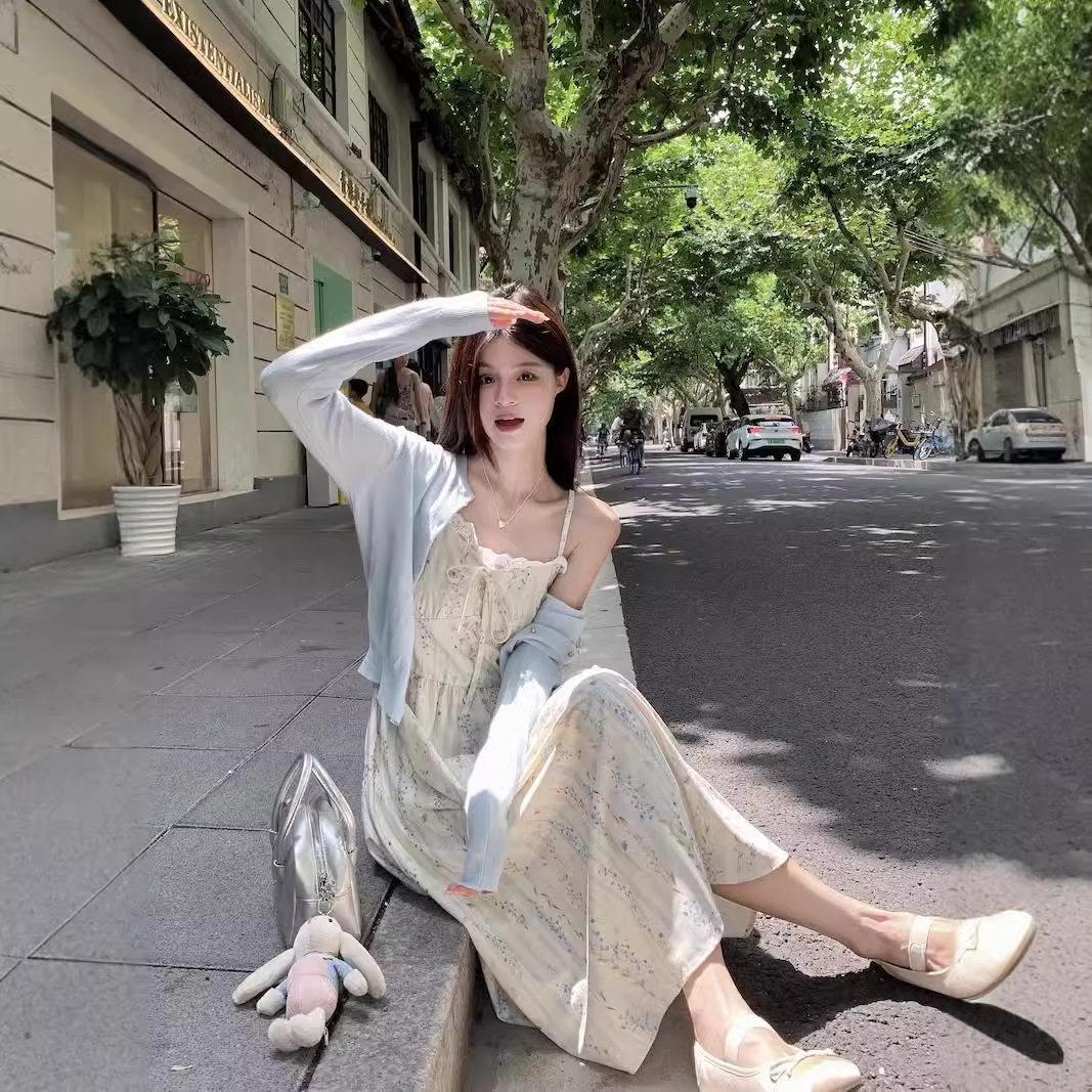 温柔风碎花蕾丝吊带连衣裙长裙女早秋新款长袖针织开衫时尚套装潮