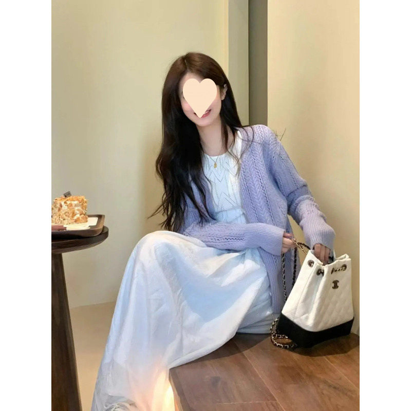 温柔新款两件套装女秋季背心超仙连衣裙轻奢紫色针织开衫收腰长裙