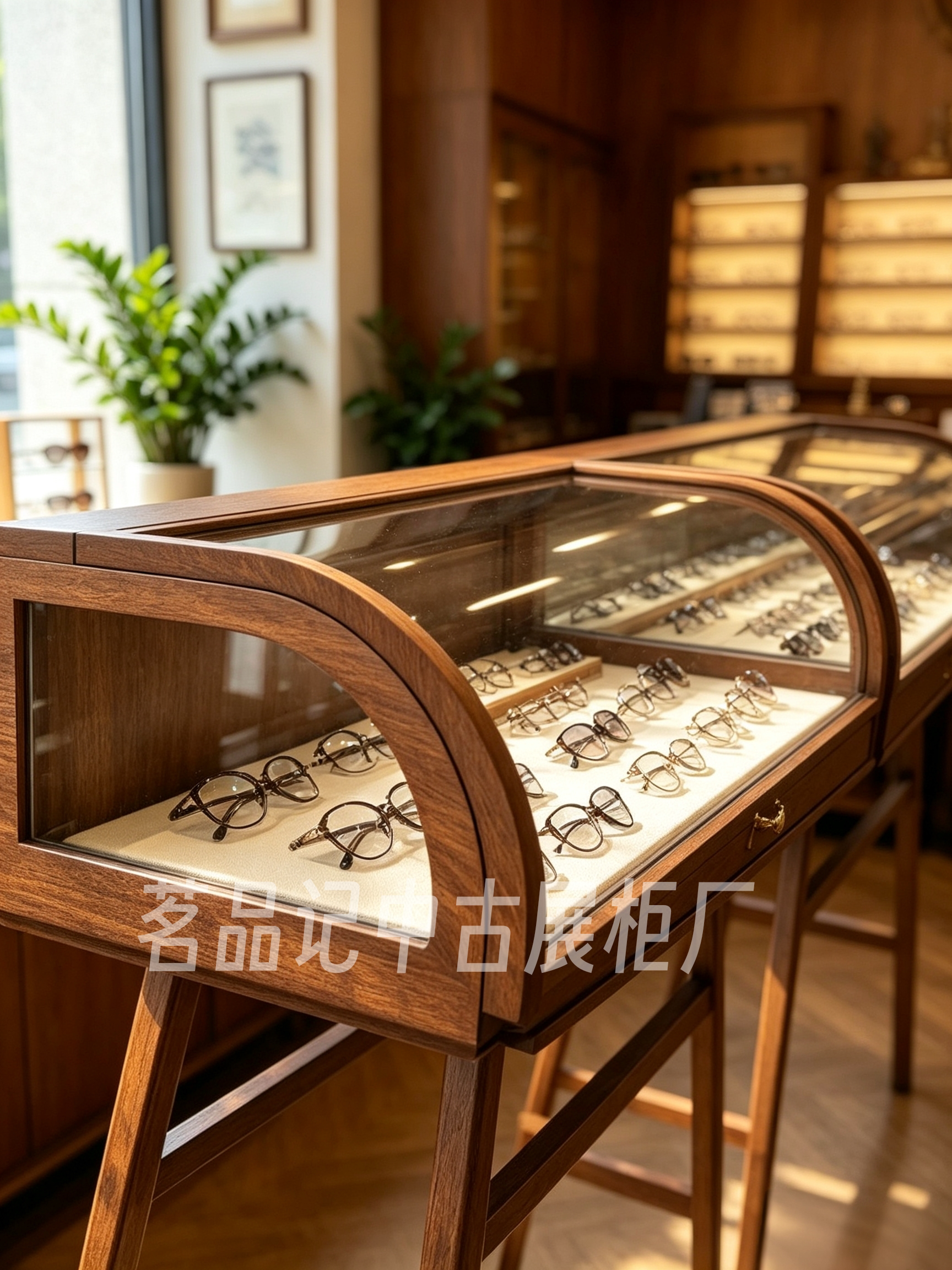 中古风商用弧形玻璃饰品展示柜南洋复古陈列柜货架手办柜工厂定做