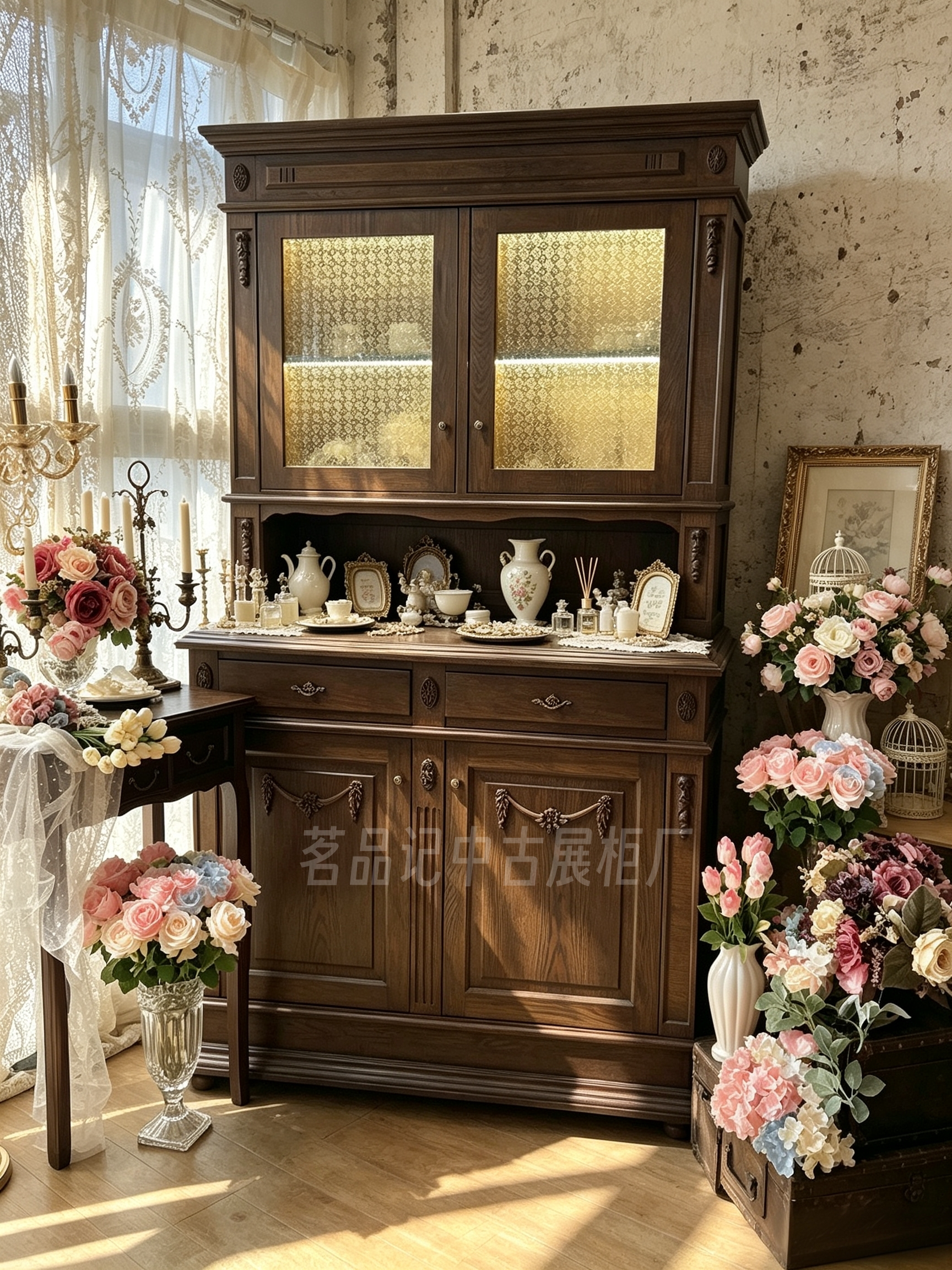 美式乡村全实木四门餐边柜收纳茶展示柜/陈列柜/展示