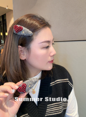 高级灰毛绒绒bb夹~红色波点爱心发夹女甜美刘海夹侧边夹新款发卡