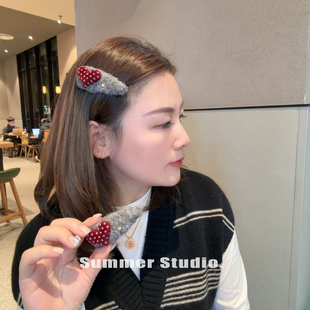 高级灰毛绒绒bb夹~红色波点爱心发夹女甜美刘海夹侧边夹新款发卡