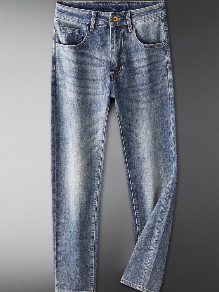 HIGH-END LIGHT LUXURY EUROPEAN FASHION BRAND MENS BLUE JEANS SLIM FIT EUROPEAN STATION HIGH-END MENS STRETCH STRAIGHT-LEG TROUSERS