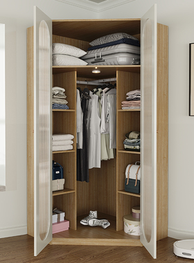 定制家用卧室实木衣橱奶油风多功能钻石小房间墙拐角儿童转角衣柜