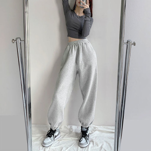 灰色运动裤女秋冬加绒宽松束脚小个子卫裤纯棉显瘦跑步休闲哈伦裤