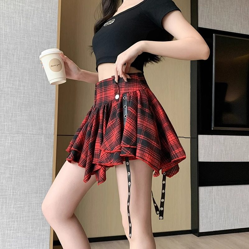 辣妹红格子百褶短裙半身裙女春季设计感不规则jk蓬蓬裙蛋糕裙