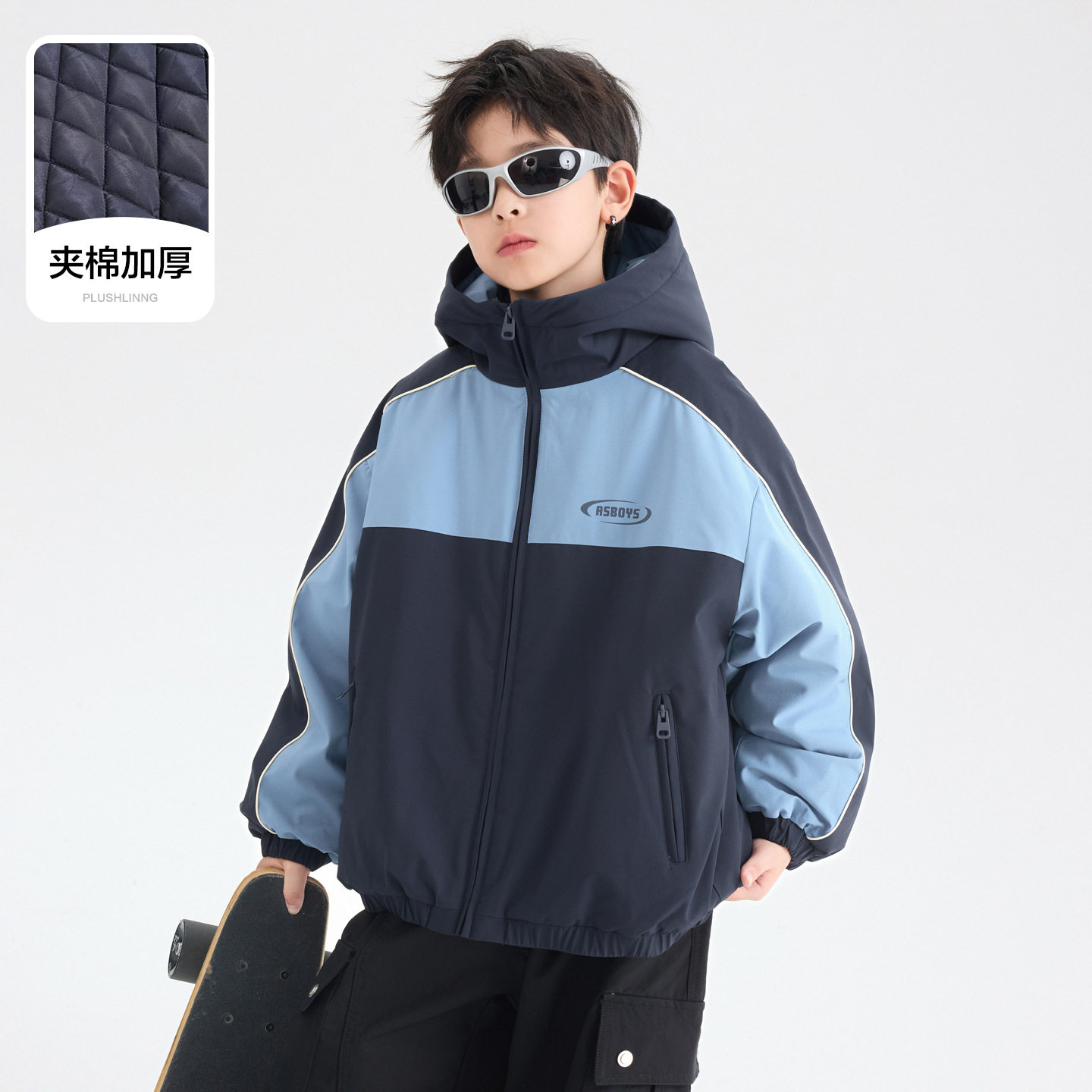 2026新款男童冬季撞色防水连帽冲锋衣棉服儿童夹棉加厚羽绒服外套