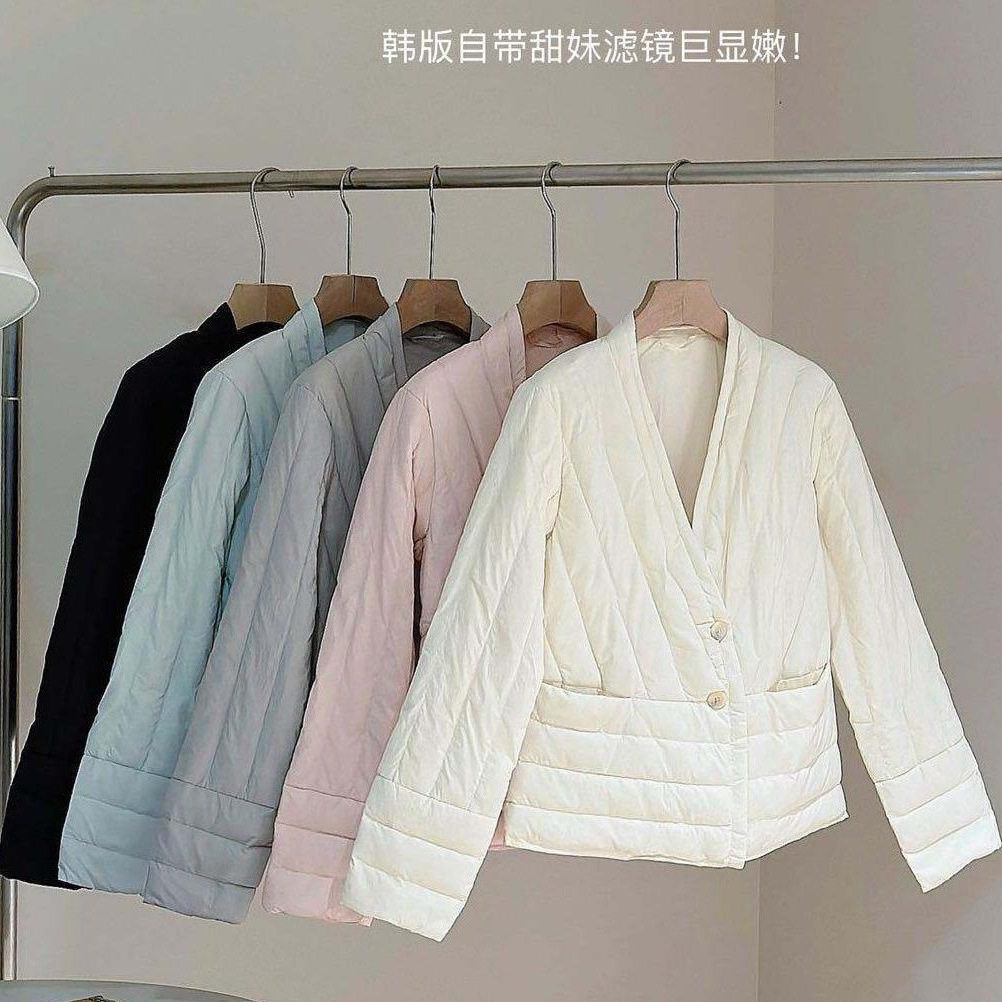 2026新款白鸭绒羽绒服女士短款轻薄内胆韩版保暖V领休闲夹克外
