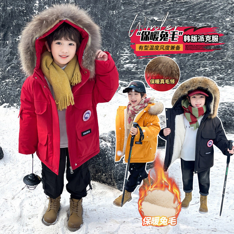 2026新款儿童羽绒棉服冬装男童派克服男宝宝加绒加厚棉衣红色外套