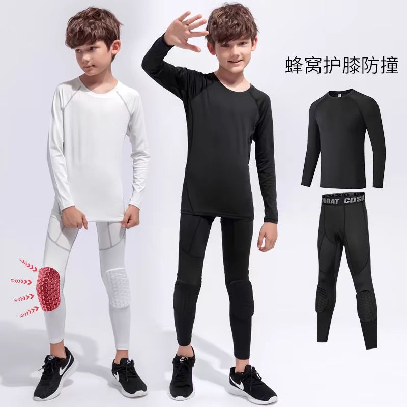 儿童紧身速干衣训练服篮春秋季足球轮滑打底防撞护膝裤运动套装