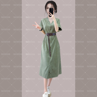 新款 RIERA港式 收腰顯瘦復古軟牛仔短袖 連衣裙女夏季 百搭高腰小個