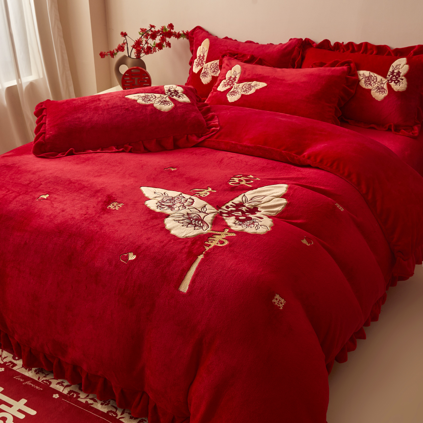 牛奶绒四件套新婚红色婚庆珊瑚绒床单被套冬保暖结婚喜字床上用品