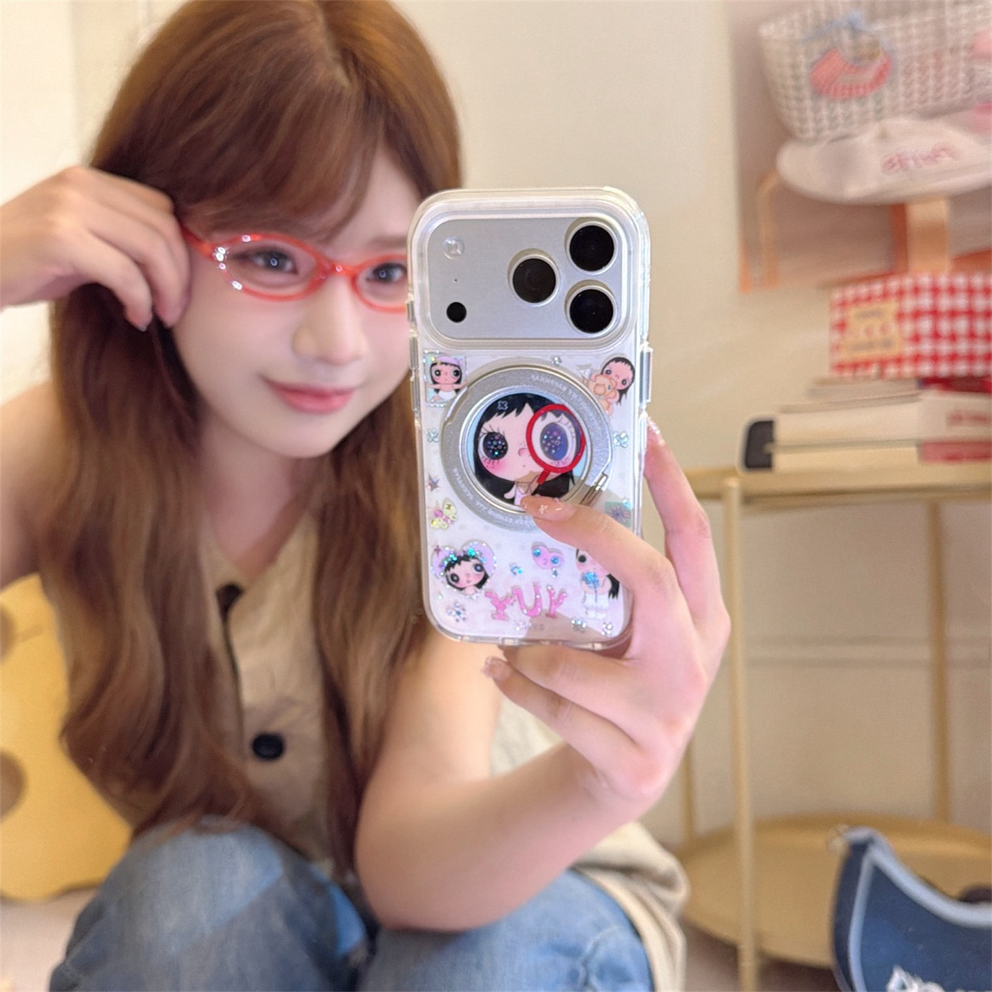 加尔 治愈系放大镜女孩360支架适用苹果17ProMax手机壳iphone15新款16pro女款16创意15pro防摔17硅胶保护套