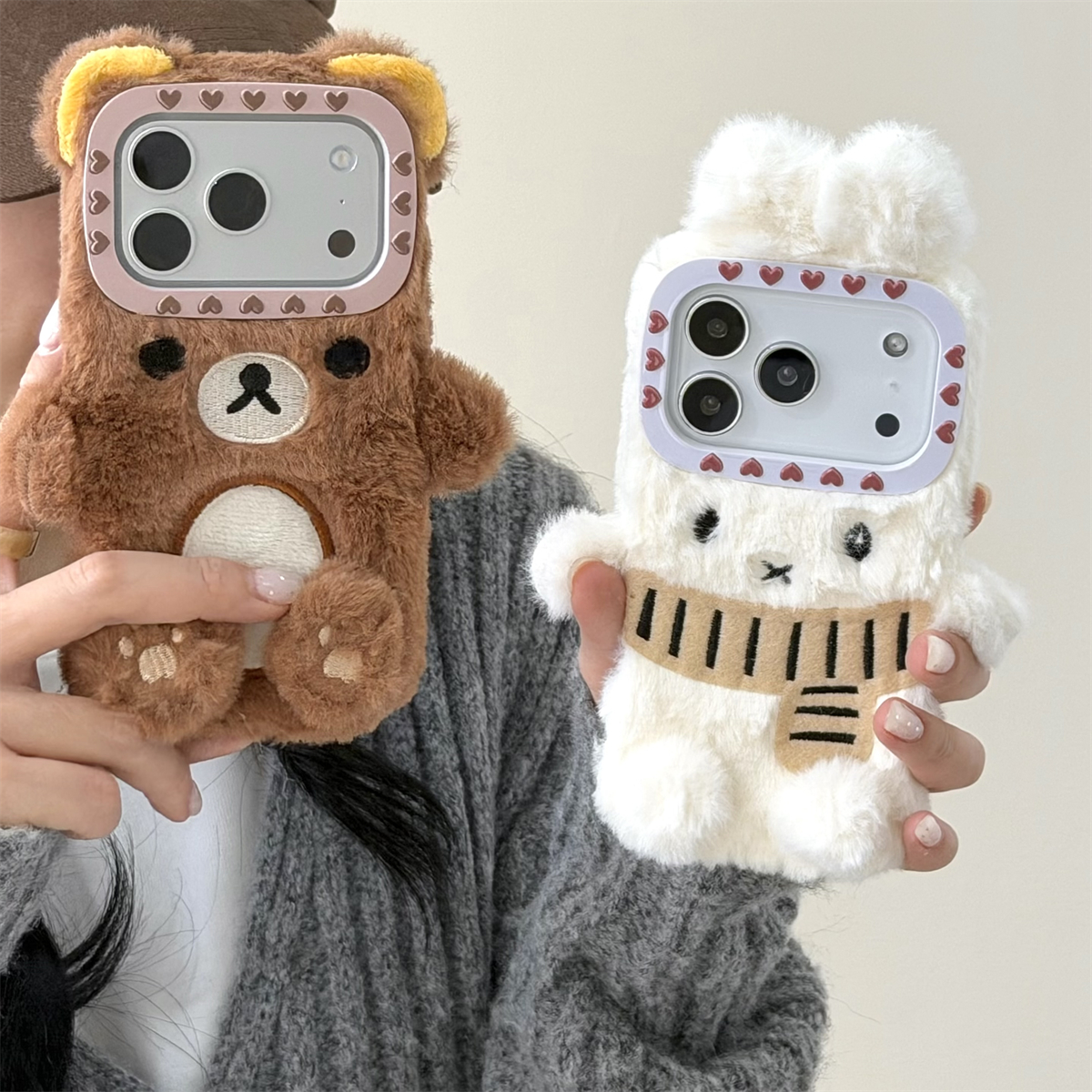加尔 秋冬款毛绒可爱立体轻松熊米菲兔适用苹果17ProMax手机壳iphone15新款16pro女款13创意14pro防摔保护套