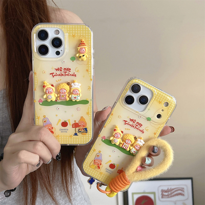 加尔 黄色格子纹可爱立体星星人毛绒绳适用苹果17ProMax手机壳iphone15新款16pro女款14pro防摔13硅胶保护套