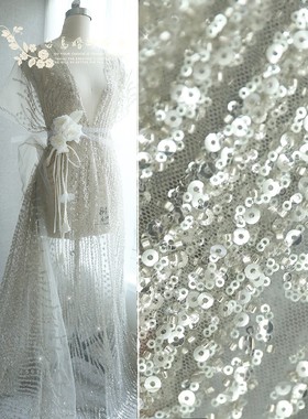 烟灰色底纱钉珠刺绣亮片蕾丝z88晚礼服演出服银色珠片满绣面料