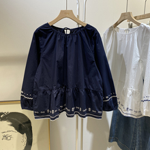 简约大气百搭圆领刺绣长袖衬衫女高级感轻奢减龄洋气娃娃衫上衣潮