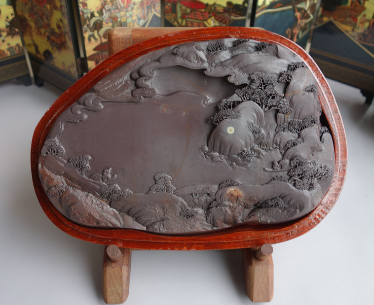 手工雕端砚台 老水麻子坑“江山如画”端砚台19cmx12.5cmx3cm
