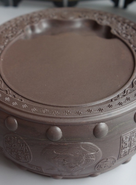 文房四宝端砚 6寸老宋坑“五牛图”圆鼓端砚台 15cmx6.5cm