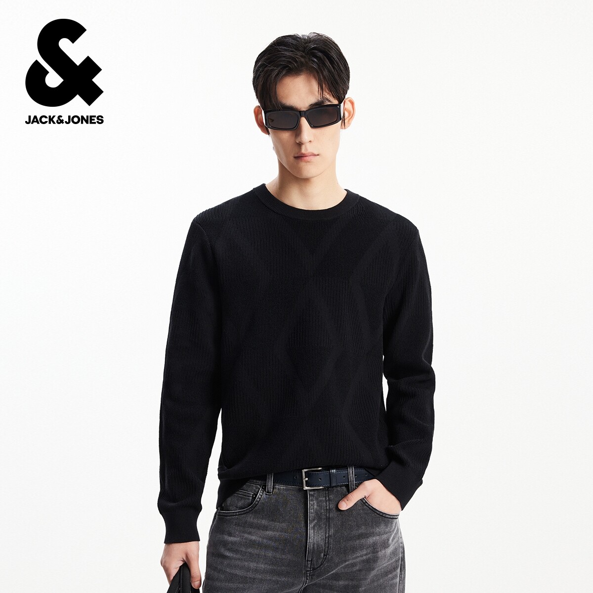 杰克琼斯男装毛衣冬2025年新款简约纯色提花直筒圆领针织衫上衣