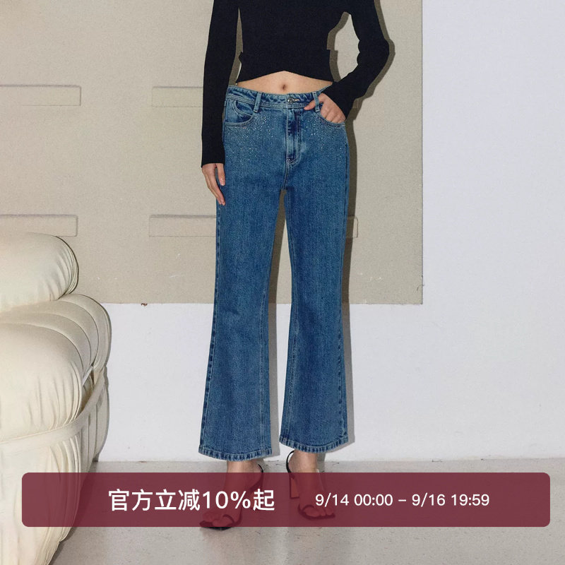 绫致ONLY2026夏季新款错落烫钻装饰显瘦九分喇叭裤牛仔裤女图片
