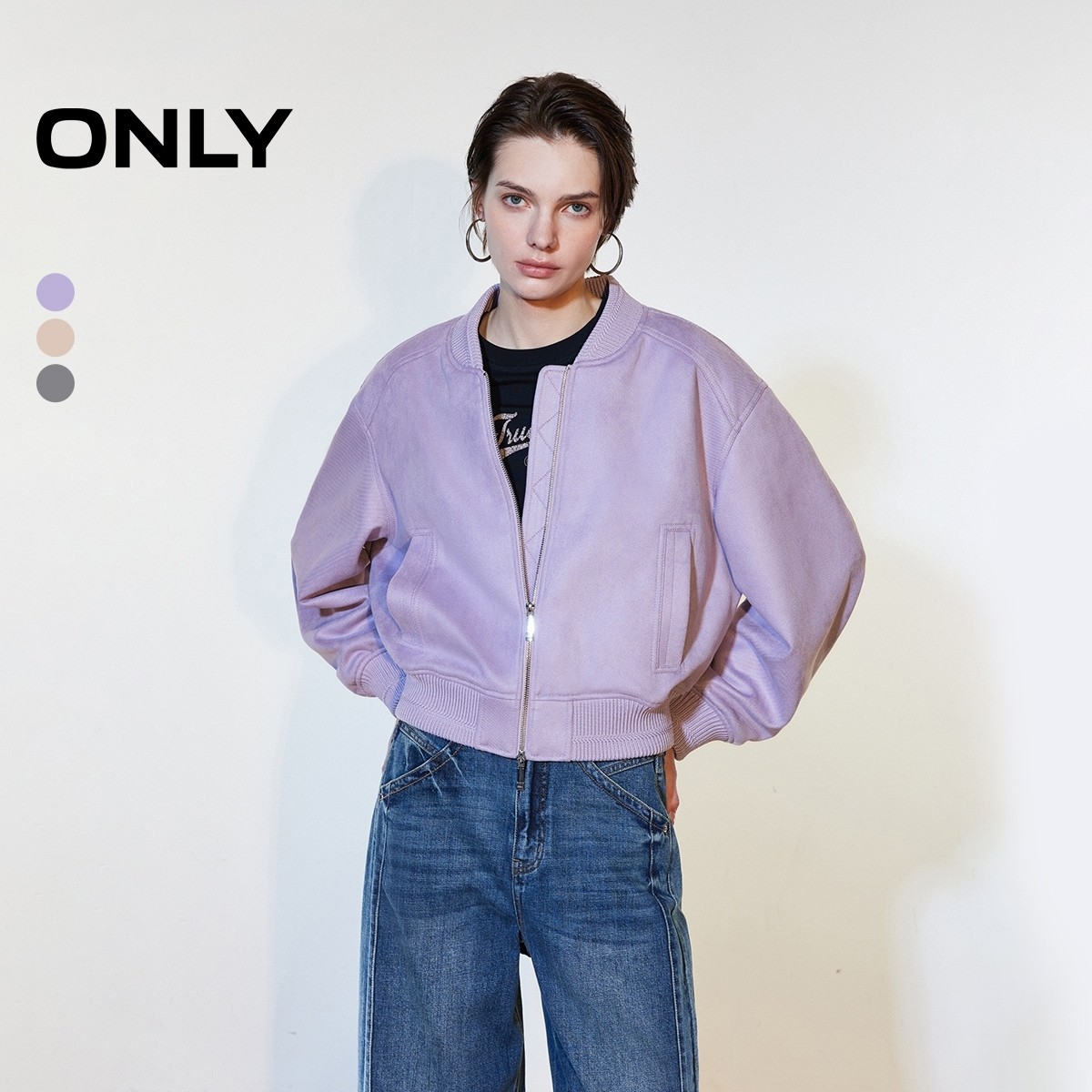 ONLY2026春季新款舒适宽松双向拉链斜插口袋落肩外套女