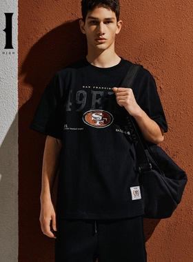 冬NFL联名款旧金山49人队舒适纯棉圆领短袖T恤男装黑色