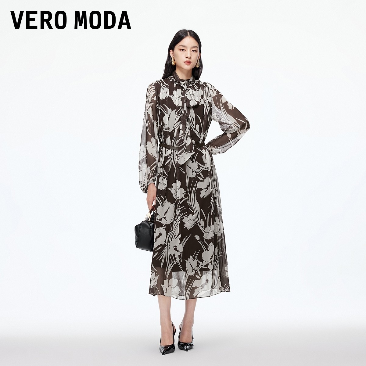 Vero Moda连衣裙女2025秋冬新款飘带撞色印花腰带中长裙32547D005