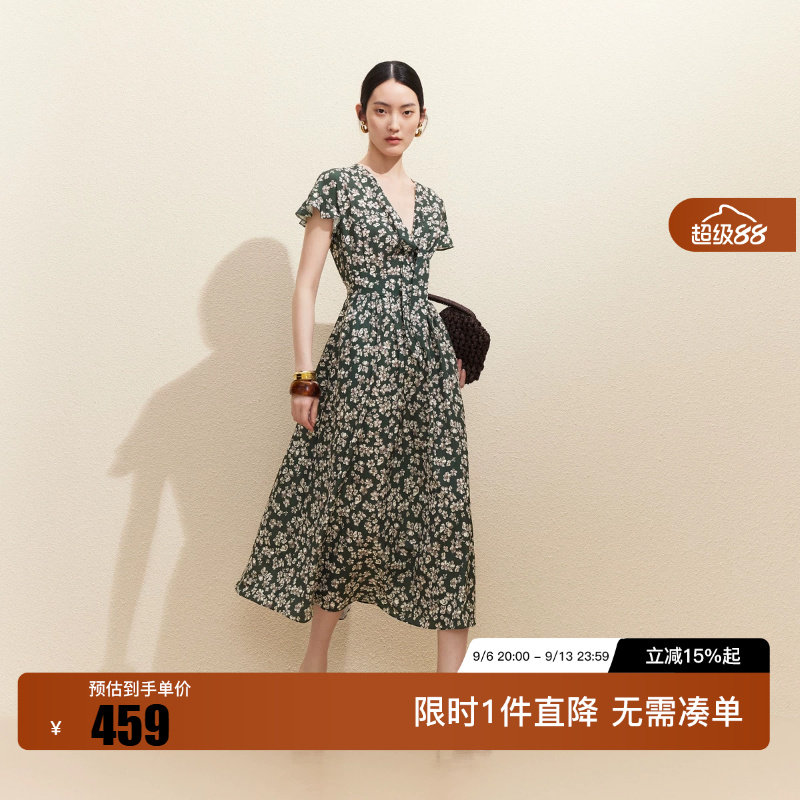 绫致Vero Moda连衣裙2026夏季新款法式碎花V领荷叶边腰部系绳长裙图片