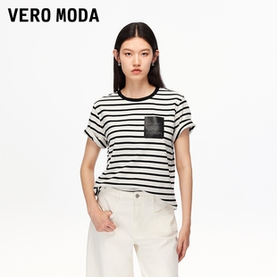 Vero 含棉再生纤维素纤维条纹圆领正肩上衣 ModaT恤2025秋季 新款