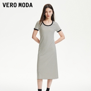 Vero 撞色條紋圓領(lǐng)寬松舒適中長T恤裙 新款 Moda連衣裙2025春季
