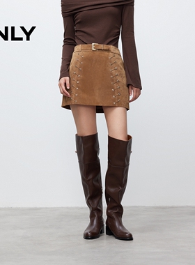 ONLY2025冬新款波希风显瘦绑带A字真皮短裙半身裙女|12549M006