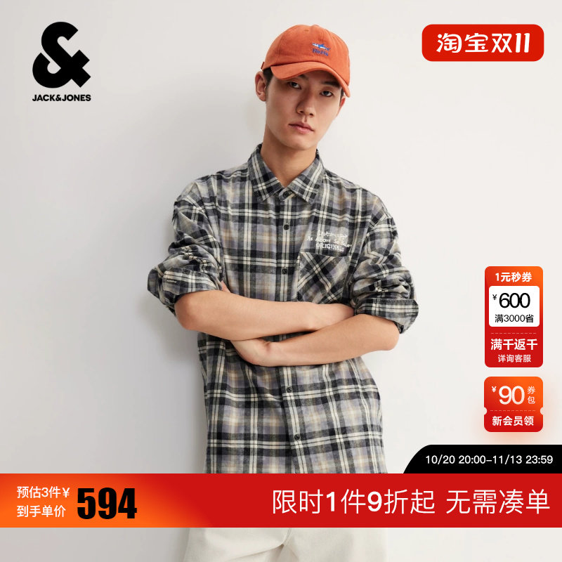 绫致【】杰克琼斯男装衬衫长袖舒适百搭精致刺绣做旧格纹宽松翻领