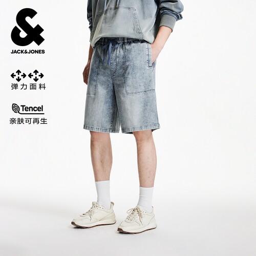 杰克琼斯男装冬牛仔短裤裤子时尚廓形松紧腰水洗工艺双侧插袋