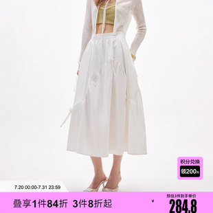 绫致ONLY2025春新纯色蝴蝶结绑带松紧腰A字伞裙高腰长裙半身裙女