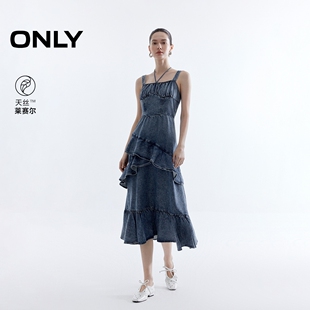 ONLY2025冬新款甜美荷叶边牛仔吊带裙中长款连衣裙女|125342010