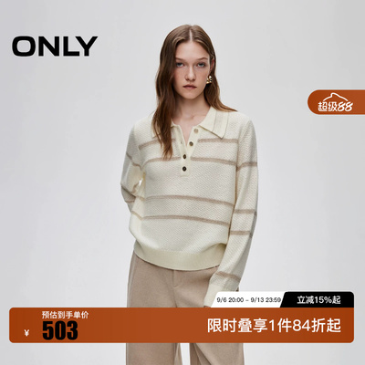 绫致ONLY秋季新款舒适慵懒松弛感撞色条纹亮丝混纺针织衫女